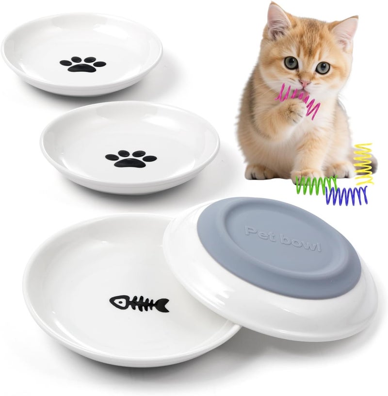 YEAHGO Ceramic Cat Food Bowls for Indoor Cats and Kitten, 4 Cute Cat Feeding Bowls Shallow Whisker Relief Dishes for Cats, 5.9" Wide Pet Plates for Wet & Dry Food and Water, Non-Slip Base, with 4 Spring Toys - Image 1